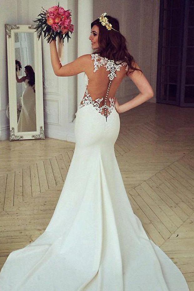 Robe de mariée sirène longue en dentelle blanche transparente avec traîne balayée, MW185