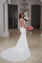 Robe de mariée sirène longue en dentelle blanche transparente avec traîne balayée, MW185
