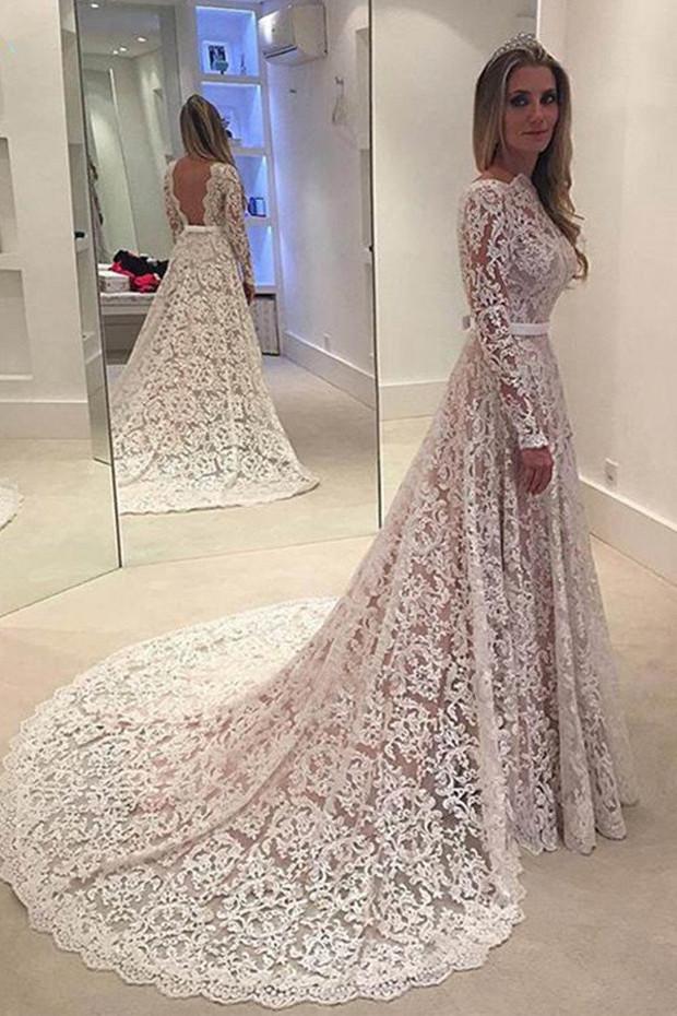 Robe de mariée dos nu en dentelle blanche, ligne A, manches longues, robe de mariée longue, robes de mariée, MW190