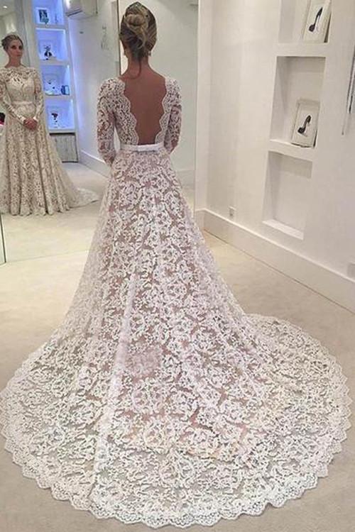 Robe de mariée dos nu en dentelle blanche, ligne A, manches longues, robe de mariée longue, robes de mariée, MW190