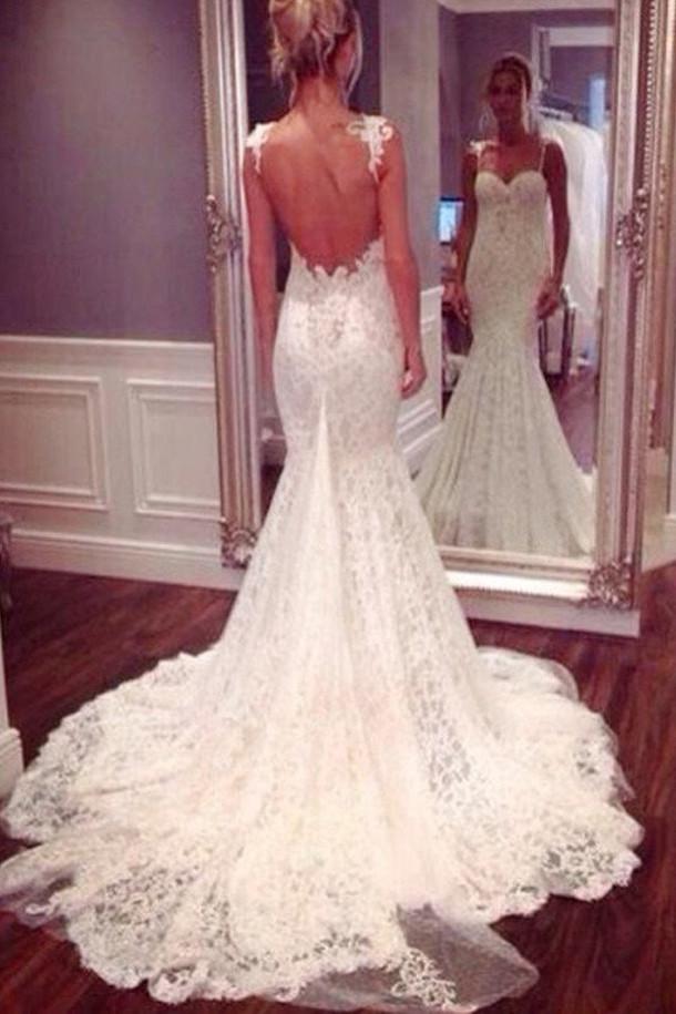 Robe de mariée dos nu sirène en dentelle avec bretelles spaghetti blanche, robe de mariée, MW102