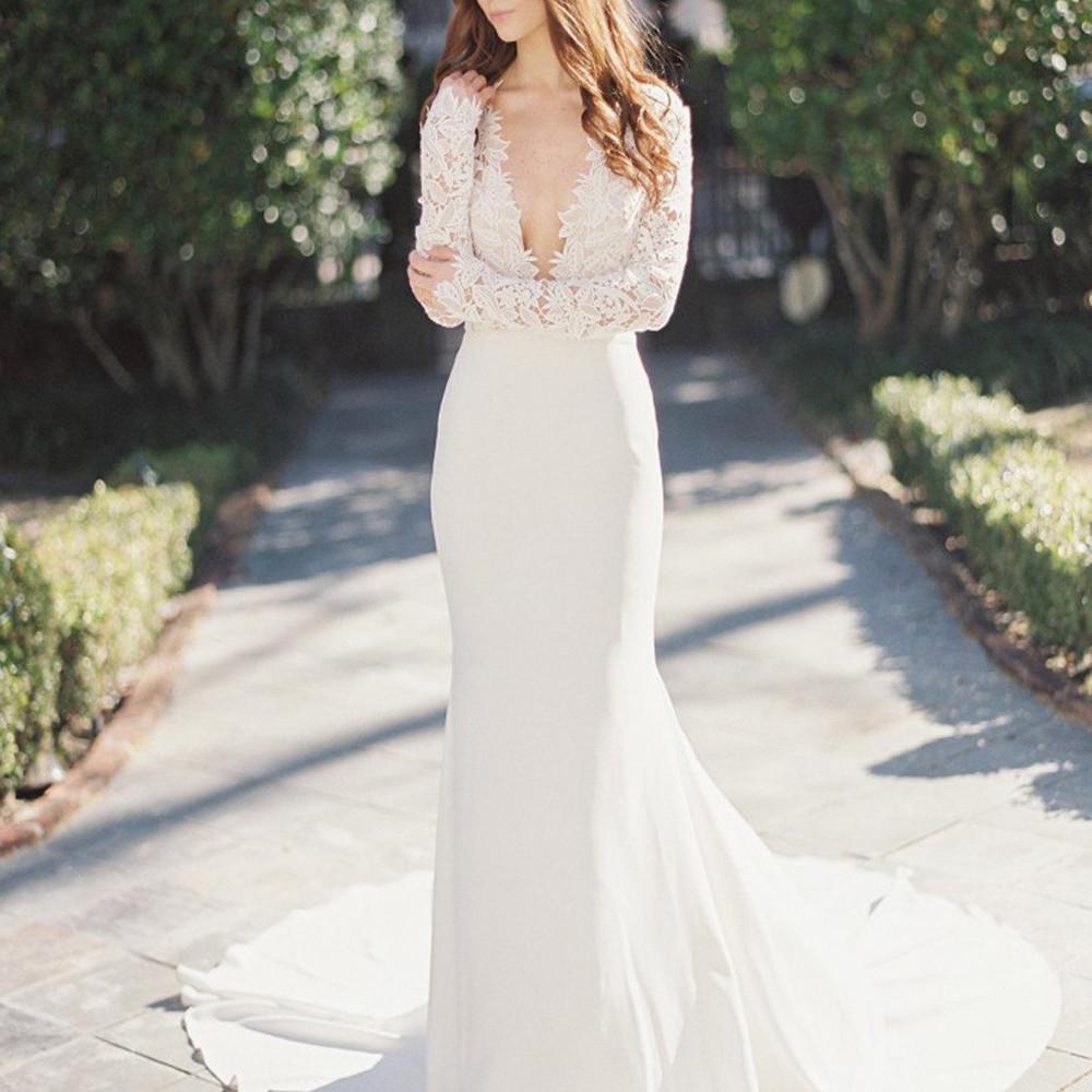 Vestido de novia blanco sirena con escote profundo en V, manga larga y encaje, MW195