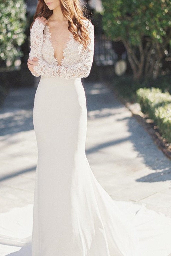 Vestido de novia blanco sirena con escote profundo en V, manga larga y encaje, MW195