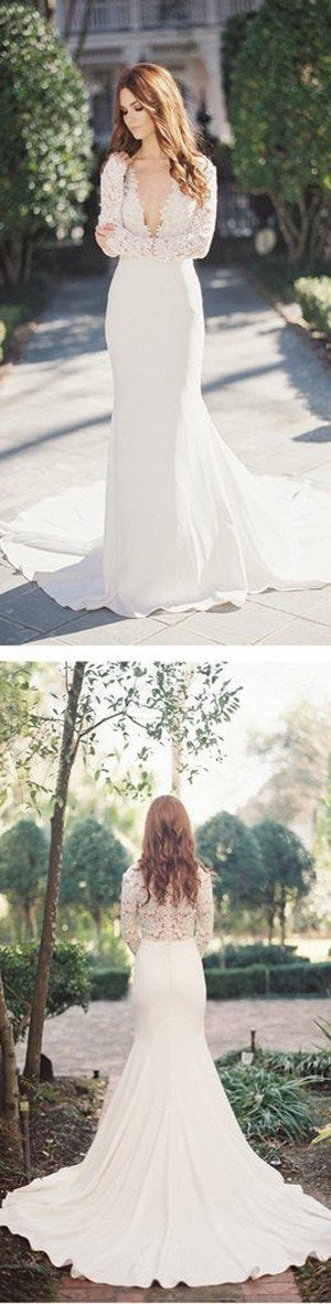 Vestido de novia blanco sirena con escote profundo en V, manga larga y encaje, MW195