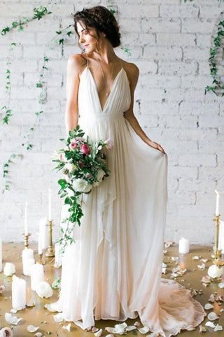 Chiffon Rückenfreies Günstiges Weißes Langes Brautkleid, Strandbrautkleider, MW128 