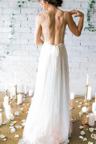 Chiffon Rückenfreies Günstiges Weißes Langes Brautkleid, Strandbrautkleider, MW128 