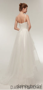 Copy of Copy of Popular white v-neck spaghetti strap lace up back tulle pretty wedding dress .DB0097