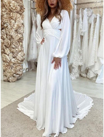 Formelle Brautkleider Etui-Linie V-Ausschnitt Langarm Hofschleppe Chiffon Brautkleider mit Falten Volltonfarbe