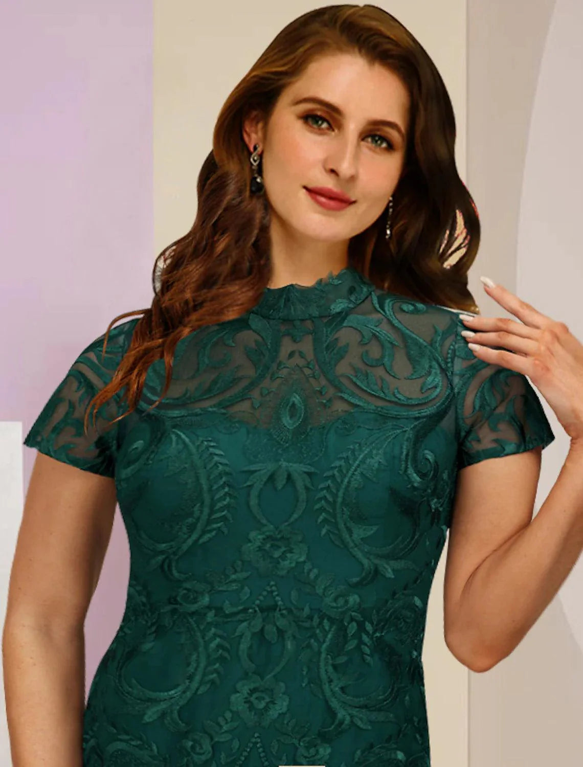 Vestidos para mãe da noiva plus size, curvas, barriga escondida, convidada de casamento, vintage, elegante, gola alta, comprimento chá, renda, manga curta, cor sólida