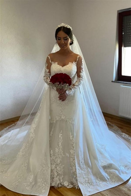 Weißes A-Linien-Spitzen-Meerjungfrauen-Brautkleid mit abnehmbarer Schleppe