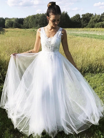 Weißes A-Linien-Abendkleid mit V-Ausschnitt und Tüll und Spitze