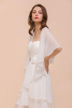 White Bridesmaid Dress Knee Length Two Layers of Wedding Guest Dress with Wraps
