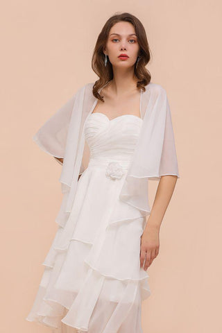 Weißes Brautjungfernkleid, knielang, zweilagig, Hochzeitsgastkleid mit Wickeln