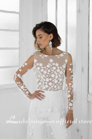 NumberSea Weißer Jumpsuit Strand Brautkleider Langarm