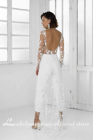 NumberSea Weißer Jumpsuit Strand Brautkleider Langarm