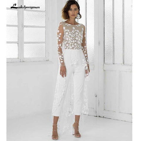 NumberSea Weißer Jumpsuit Strand Brautkleider Langarm