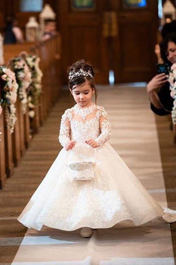 White Long A-line Lace Flower Girl Dresses With Sleeves - view 2