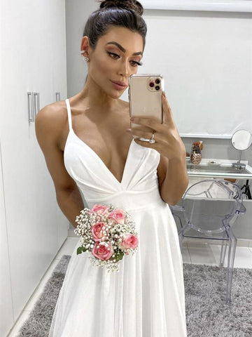 Weißes langes A-Linien-Kleid mit V-Ausschnitt und Spaghettiträgern, rückenfrei, formelle Abschlussballkleider