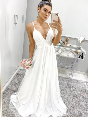 Weißes langes A-Linien-Kleid mit V-Ausschnitt und Spaghettiträgern, rückenfrei, formelle Abschlussballkleider