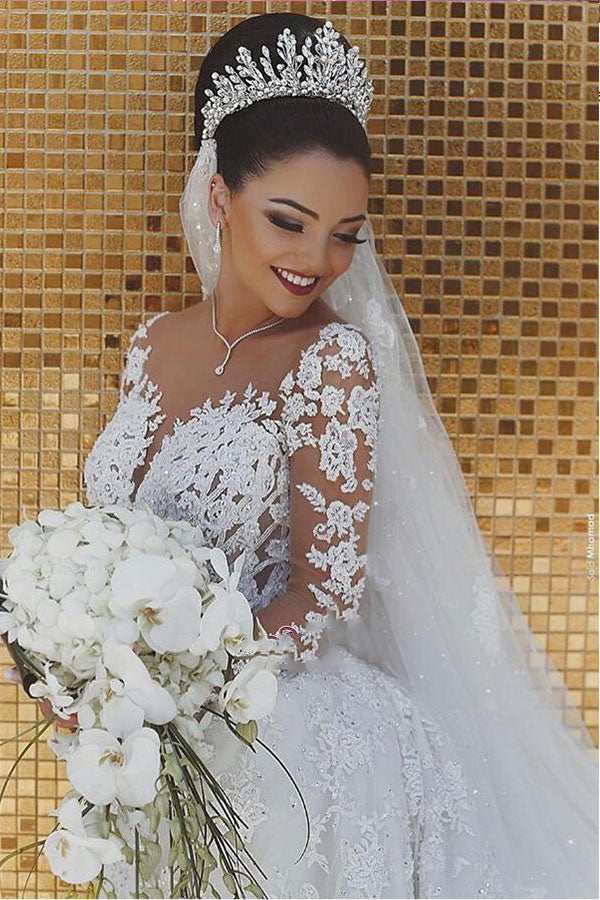 Weißes langes Meerjungfrau-Spitzen-Brautkleid mit Ärmeln