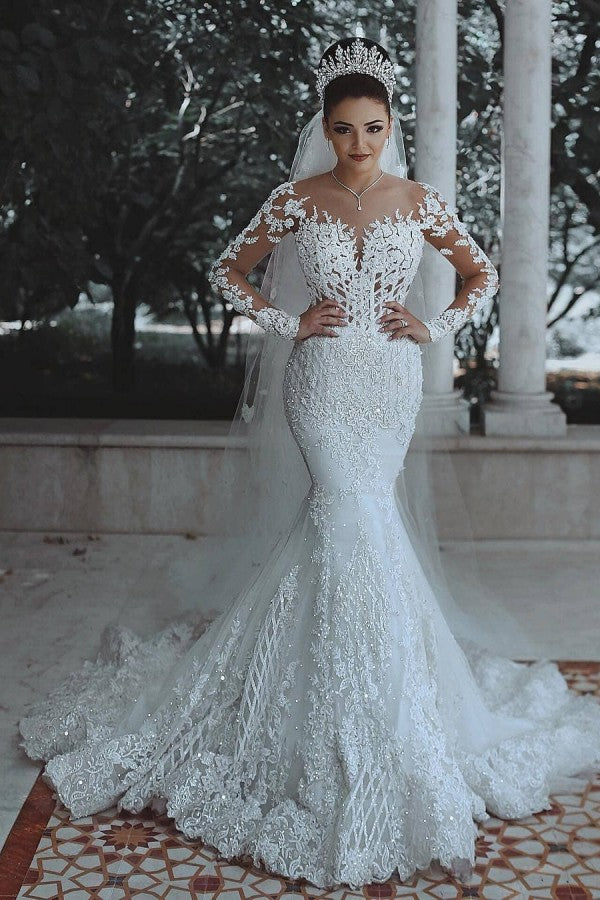 Weißes langes Meerjungfrau-Spitzen-Brautkleid mit Ärmeln