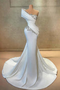 Robe de bal longue blanche en satin dentelle sirène à une épaule avec perles