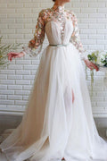 Robe de bal sirène en tulle à fleurs, manches longues, col haut, coupe A et fente, couleur blanche