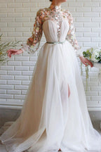 White Long Sleeves A-line High Neck Tulle Flower Mermaid Prom Dresses with Slit
