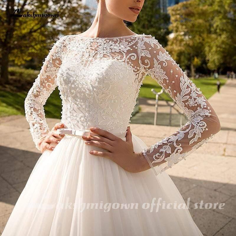 NumberSea White Long Sleeves Ivory Wedding Dresses