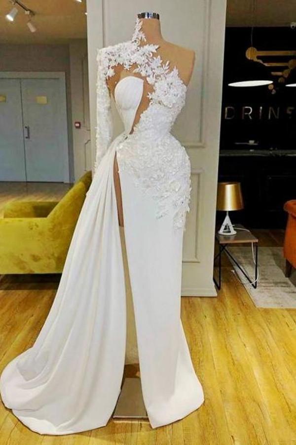 White Long Sleeves Mermaid High Neck Evening Dress with Slit