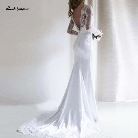 NumberSea Weißes Meerjungfrauenkleid Vintage Spitze Langarm Brautkleid