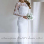 NumberSea White Mermaid Dress Vintage Lace Long Sleeve Wedding Dress
