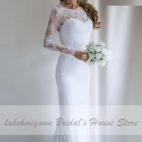 NumberSea Weißes Meerjungfrauenkleid Vintage Spitze Langarm Brautkleid