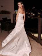 White Long Strapless Mermaid Satin Evening Dress with Split