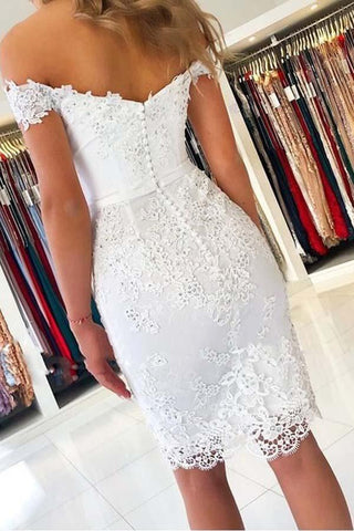 Weißes schulterfreies Homecoming-Kleid im Meerjungfrau-Stil mit Spitzenapplikationen PD287