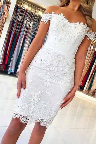 Weißes schulterfreies Homecoming-Kleid im Meerjungfrau-Stil mit Spitzenapplikationen PD287