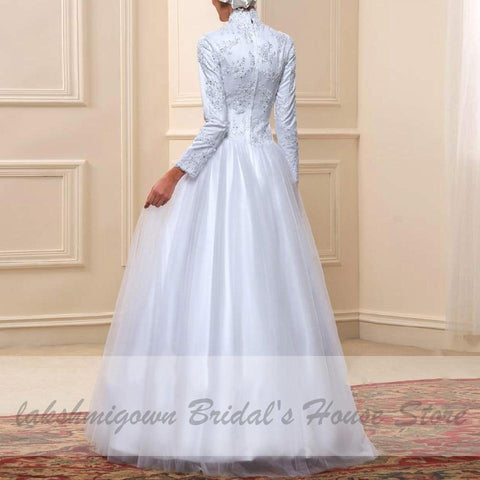 NumberSea Weißes muslimisches Brautkleid mit hohem Halsausschnitt und langen Ärmeln aus Satin