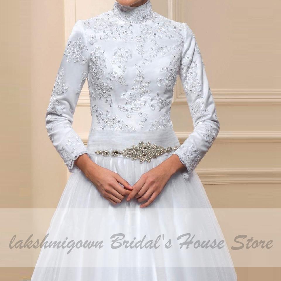 NumberSea White Muslim High Neck Wedding Dress Satin Long Sleeve