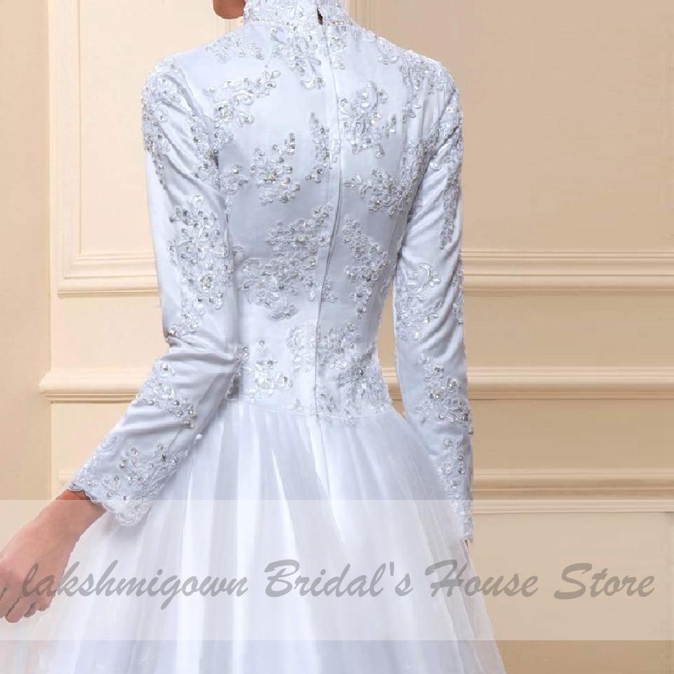 NumberSea White Muslim High Neck Wedding Dress Satin Long Sleeve