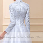 NumberSea White Muslim High Neck Wedding Dress Satin Long Sleeve