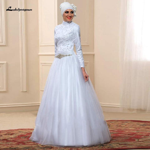 NumberSea Weißes muslimisches Brautkleid mit hohem Halsausschnitt und langen Ärmeln aus Satin