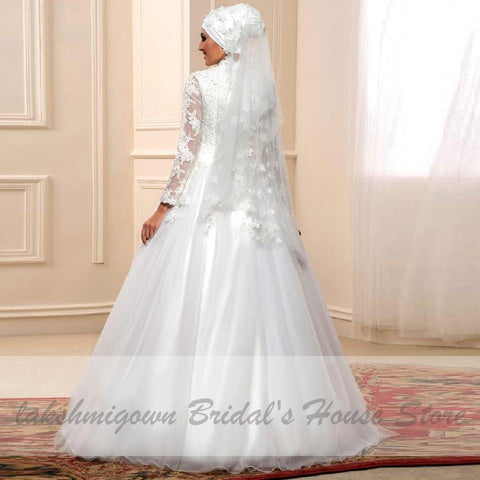 NumberSea Weißes muslimisches Brautkleid mit langen Ärmeln