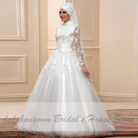 NumberSea Weißes muslimisches Brautkleid mit langen Ärmeln