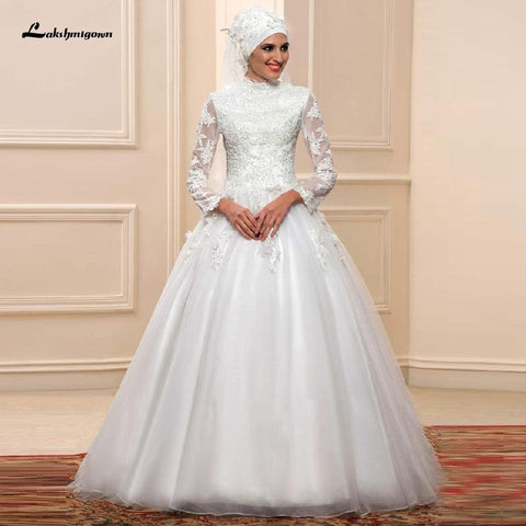 NumberSea Weißes muslimisches Brautkleid mit langen Ärmeln
