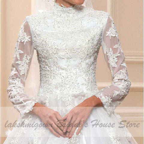NumberSea Weißes muslimisches Brautkleid mit langen Ärmeln