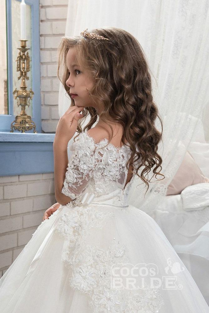Numbersea White Off The Shoulder 1/2 Sleeves Ball Gown Flower Girls Dress - view 4