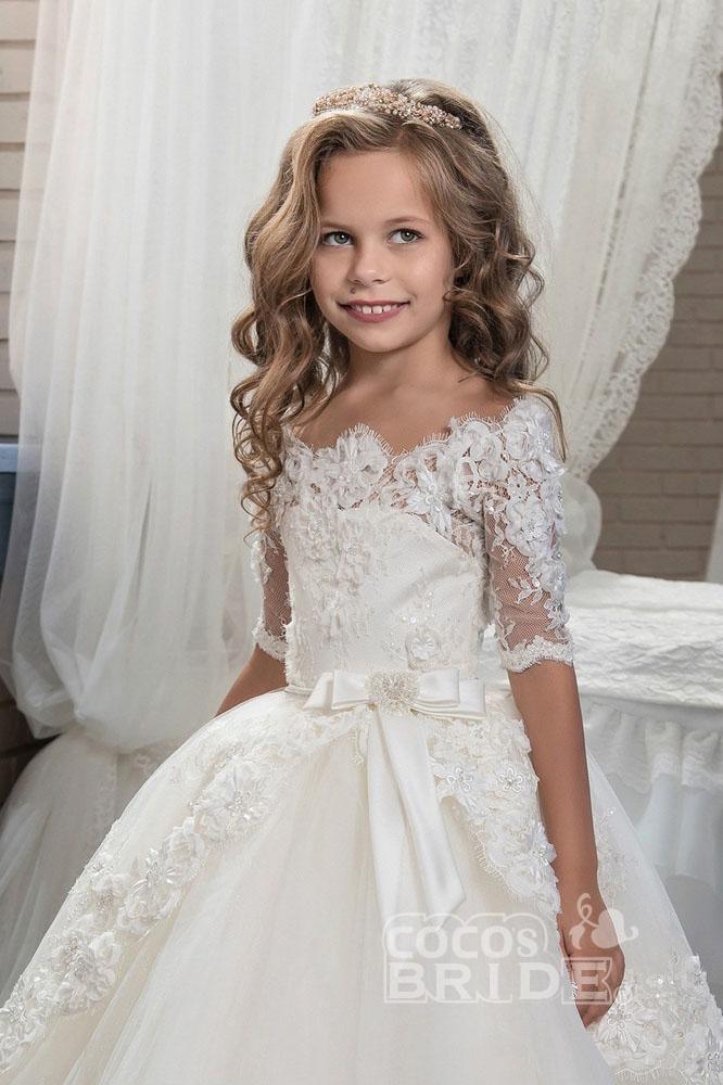 Numbersea White Off The Shoulder 1/2 Sleeves Ball Gown Flower Girls Dress - view 5
