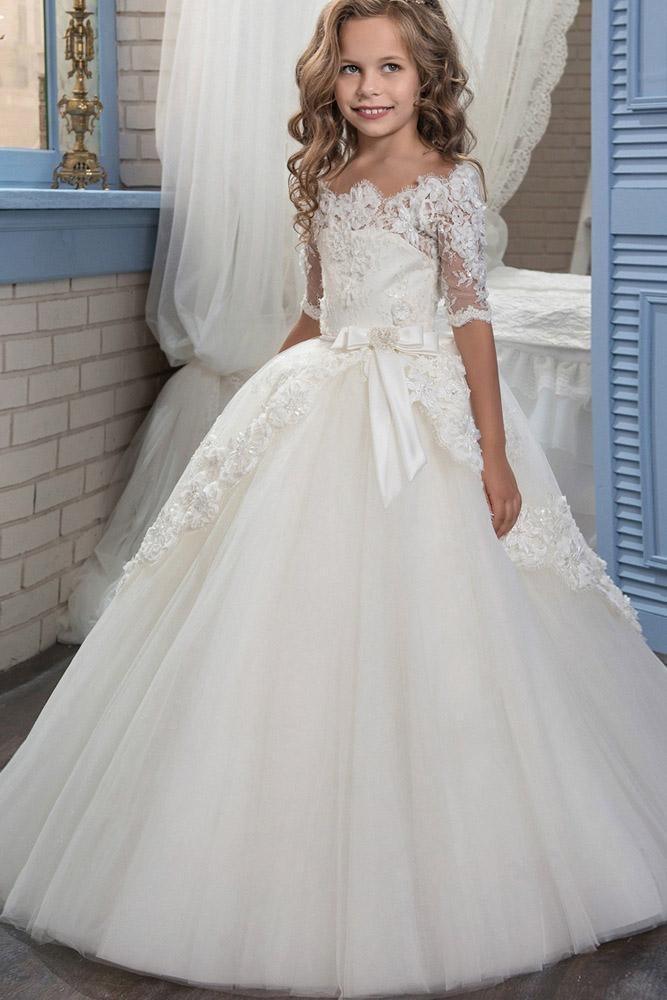 Numbersea White Off The Shoulder 1/2 Sleeves Ball Gown Flower Girls Dress - view 1