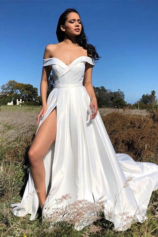 White A-line Off the Shoulder Long Satin Formal Prom Dress with Slit