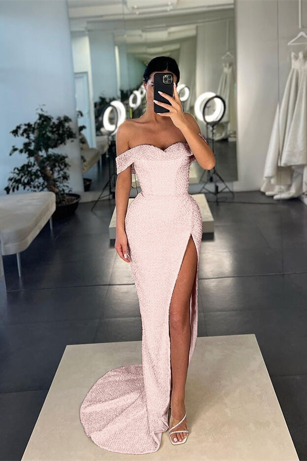 Burgundy Long Off-the-Shoulder Sequins Mermaid Evening Dress with Split